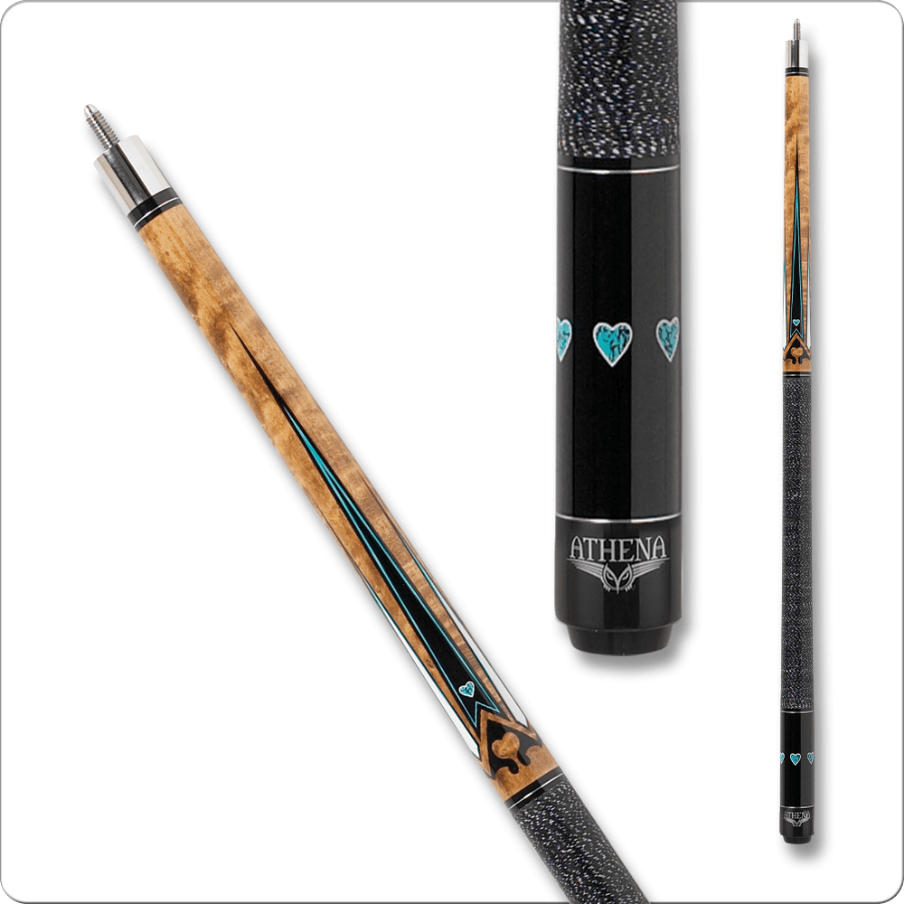 Athena ATH04 cue showcasing a Birdseye Maple handle with turquoise inlays and a sleek black butt, highlighting premium craftsmanship and design.