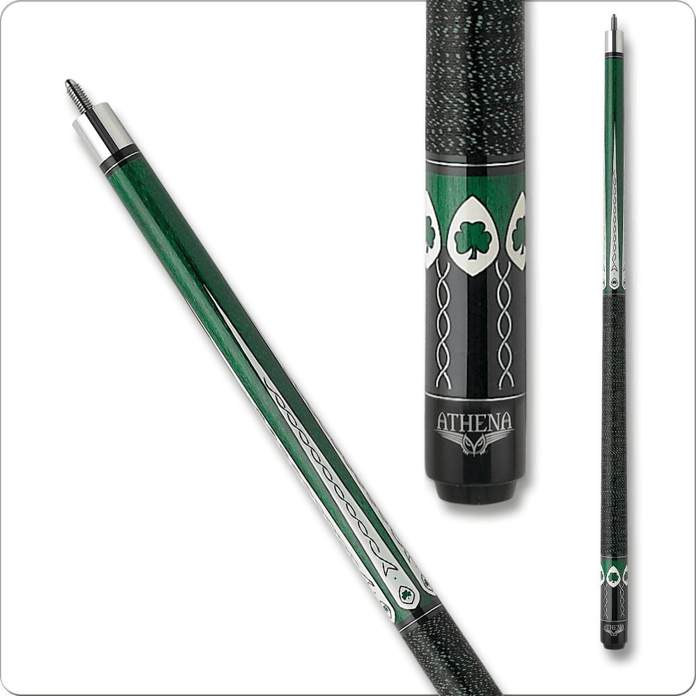 Athena ATH08 pool cue featuring a solid green design with shamrock accents, black Irish linen wrap for grip, and detailed branding, showcasing its craftsmanship for intermediate to professional players.