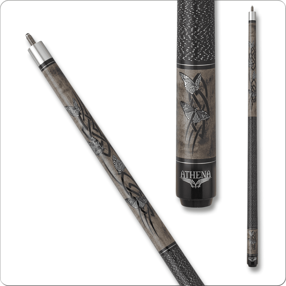 Athena ATH35 pool cue featuring a decorative design, solid maple shaft, and urethane-coated black Irish linen wrap, ideal for intermediate to professional players.