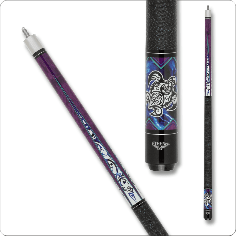 Athena ATH54 billiards cue with intricate purple and black design, featuring a turtle motif, showcasing multiple angles and details.