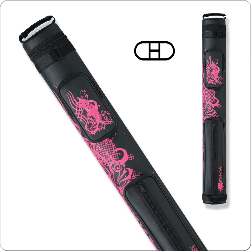 Athena 2×2 Hard Case ATHC01 in black with pink graphic design, featuring a zippered compartment and logo, suitable for protecting and transporting pool cues.