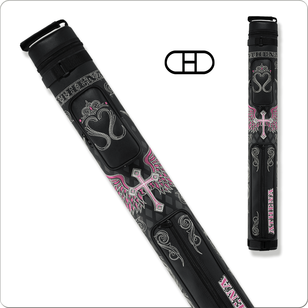Athena 2×2 Hard Embroidered Cue Case ATHC06 in black with intricate pink and silver designs, featuring a secure closure, showcased against a white background.