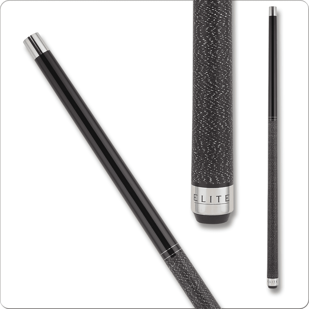 Elite billiard cue with a textured grip and metallic accents, featured in a promotional context highlighting sale prices and financing options.