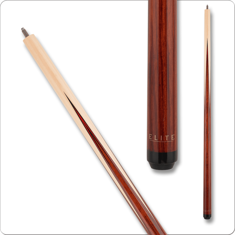 Elite ELBT01 Big and Tall Cue featuring a polished wood design, showcasing the brand name "ELITE" and a tapered tip, relevant to billiards equipment sales.