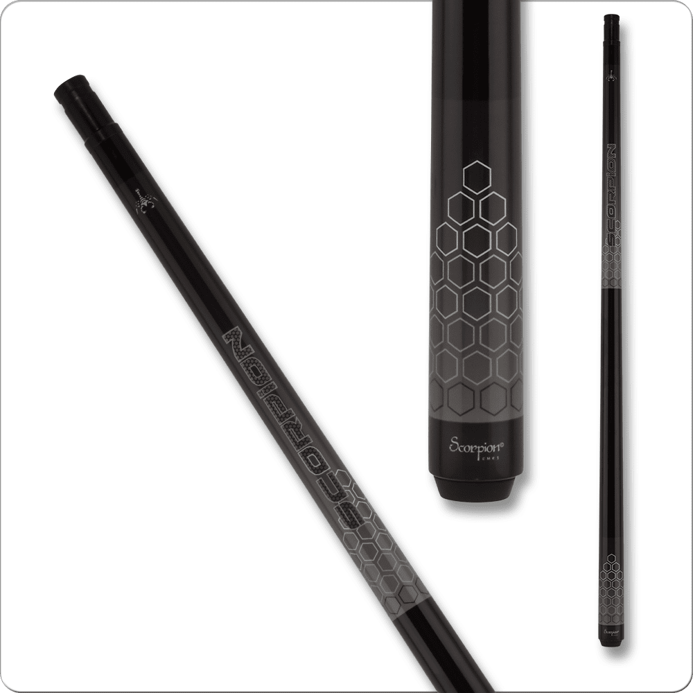 Scorpion SCO116 billiard cue detail, featuring patterned butt cap and shaft.