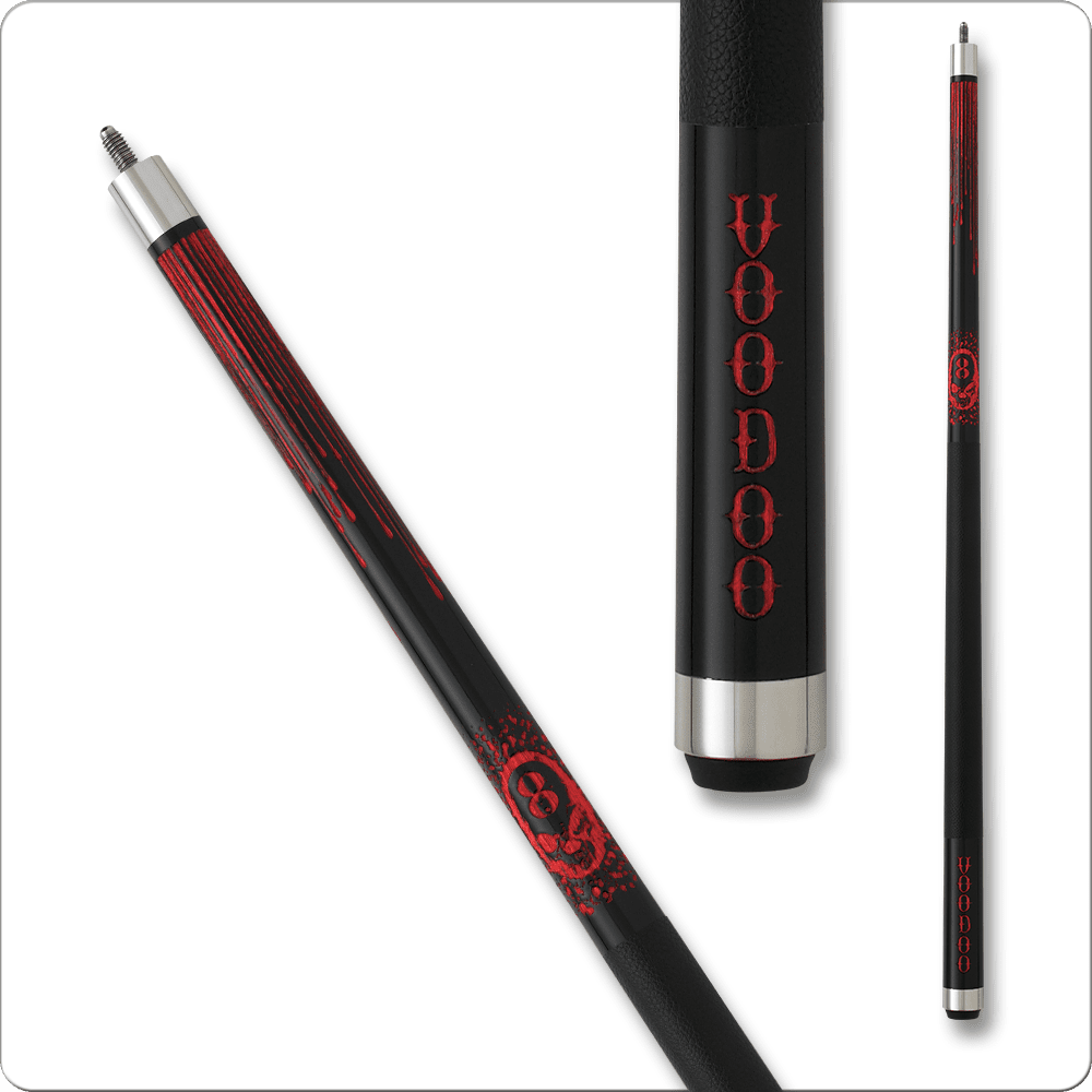 Voodoo VOD11 pool cue with red and black design.
