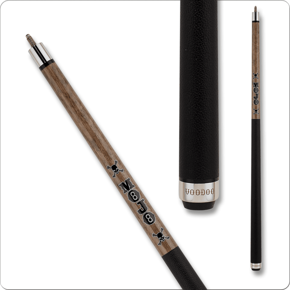 Voodoo pool cue with skull and cobweb design, black leather wrap, and maple shaft.