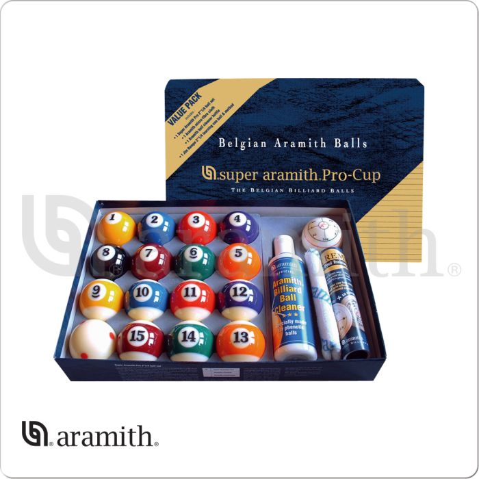 Aramith Super Pro-Cup Belgian billiard balls and chalk set in box.