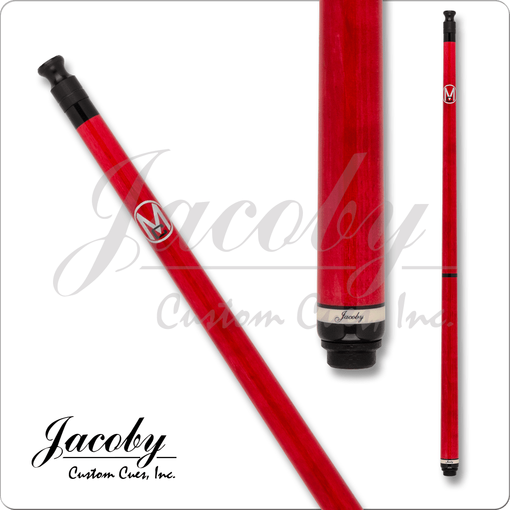 Jacoby JCBE LIGHT break cue, red pool cue with Jacoby logo and branding.