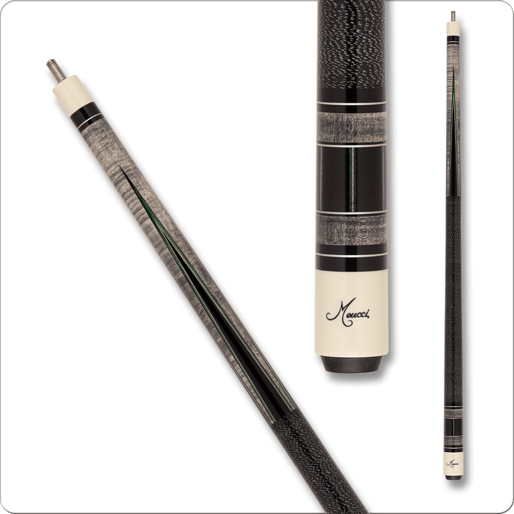 Meucci MEJS01 pool cue with black and white wrap and ivory accents.