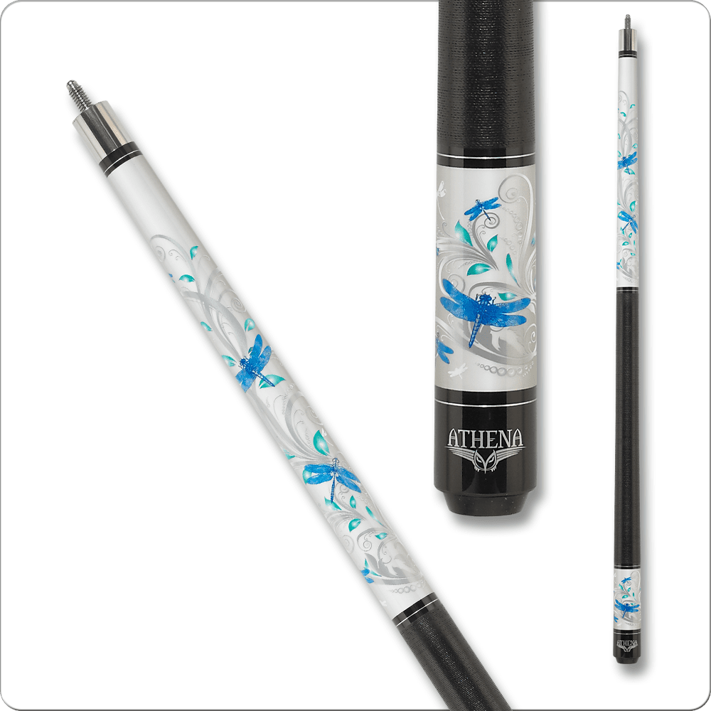 Athena ATH46 pool cue designed for women, featuring artistic dragonfly design and optimized sizing for skill development.