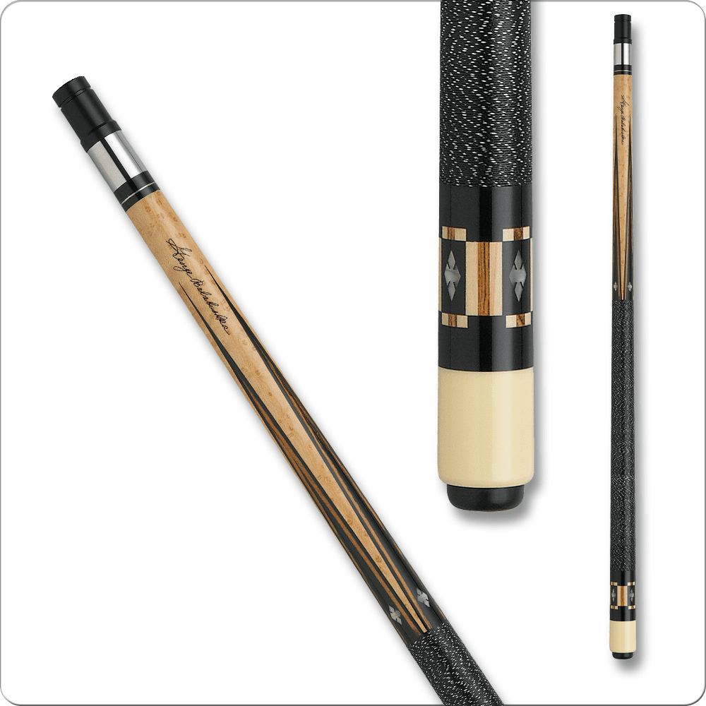 Joss JOS62 pool cue featuring elegant woodwork, hard rock maple shaft, Irish linen wrap, and classic design elements, emphasizing American craftsmanship and playing quality.