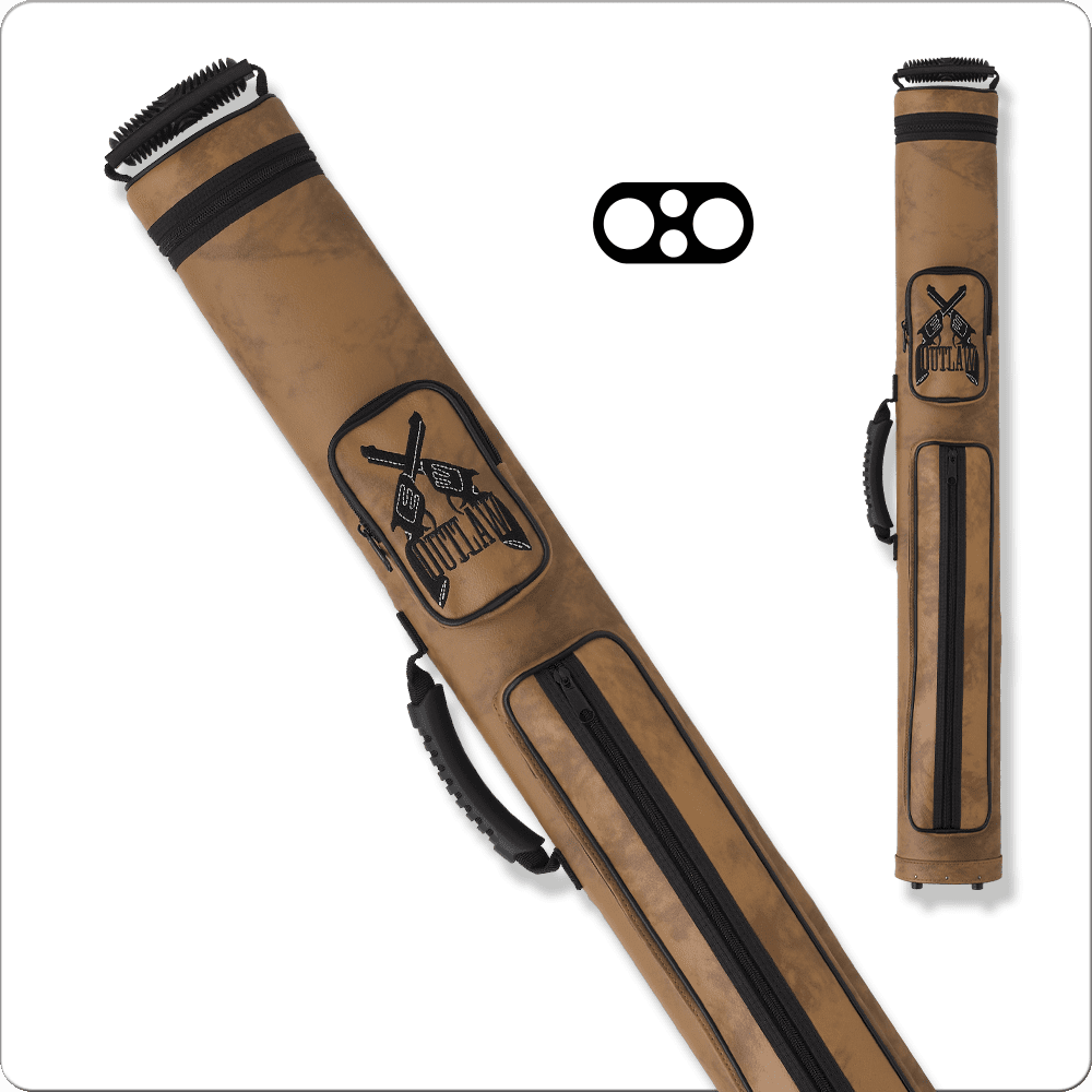 Outlaw 1x1 pool cue case with Western-themed graphics and brown leather design.