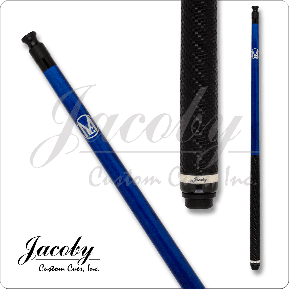 Jacoby pool cue with blue accents and black grip, handcrafted in Wisconsin.