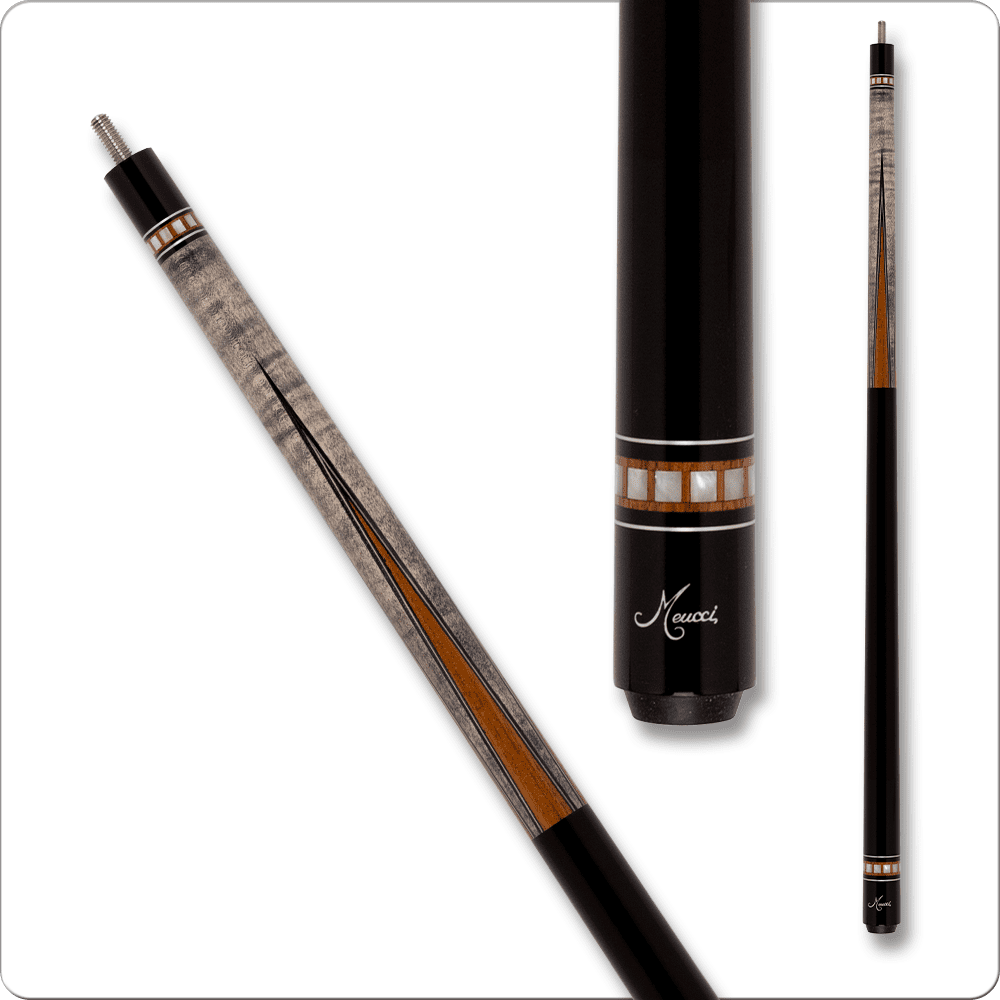 Meucci MEF01 pool cue with black wrap and detailed shaft