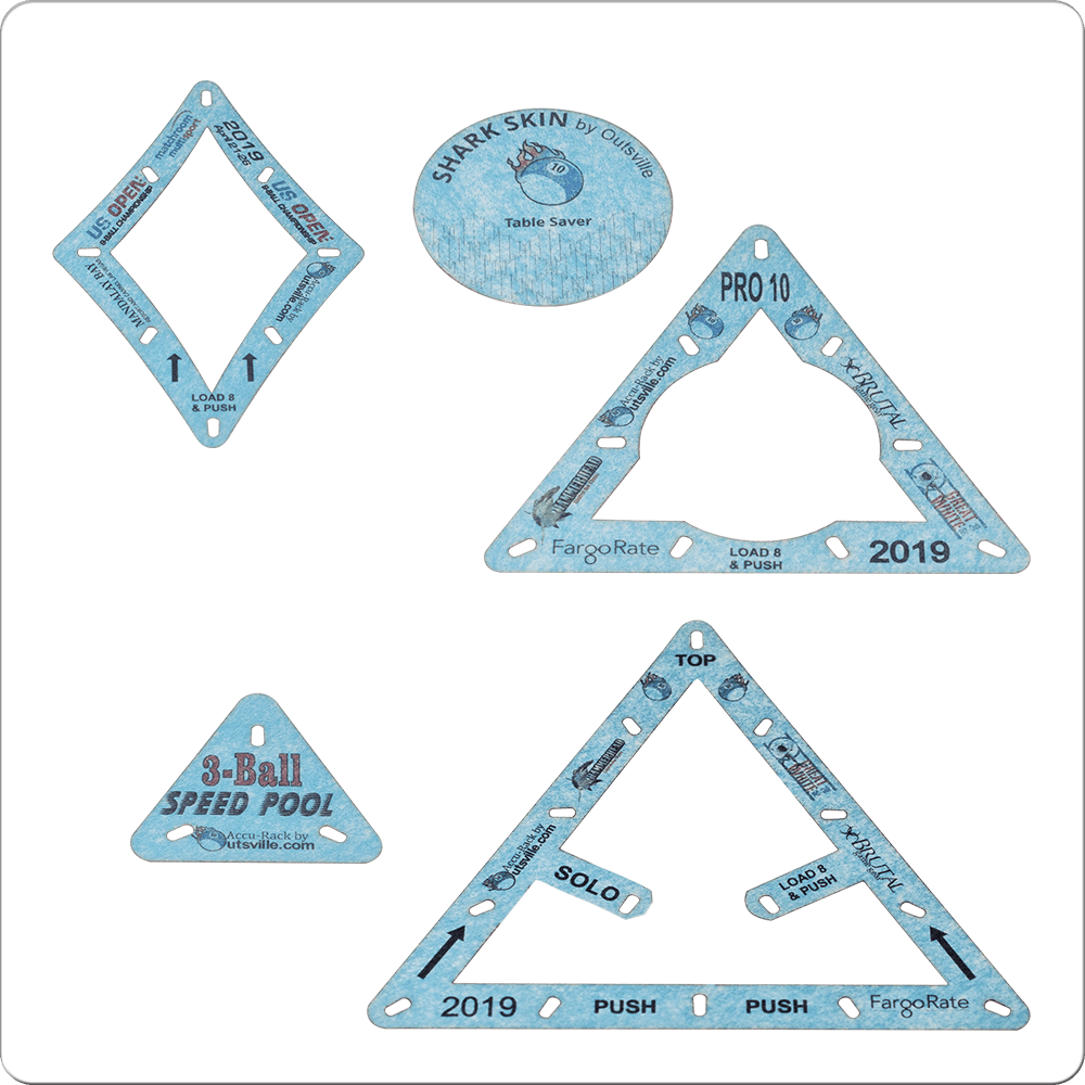 Shark Skin pool ball rack templates for 8-ball and 9-ball games.