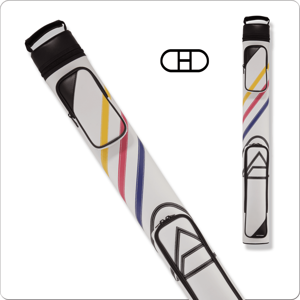 Action 2×2 Sport Hard Cue Case ACX22A featuring a sleek design with colorful stripes, showcasing functionality and style for billiards enthusiasts.