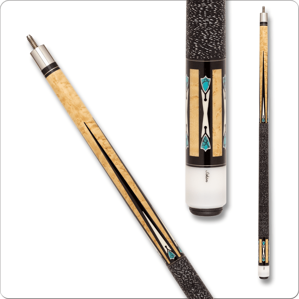 Kayano KY0106 pool cue showcasing artisan design, featuring a distinctive inlay pattern with turquoise accents and a sleek black handle, emphasizing Viking quality and craftsmanship.