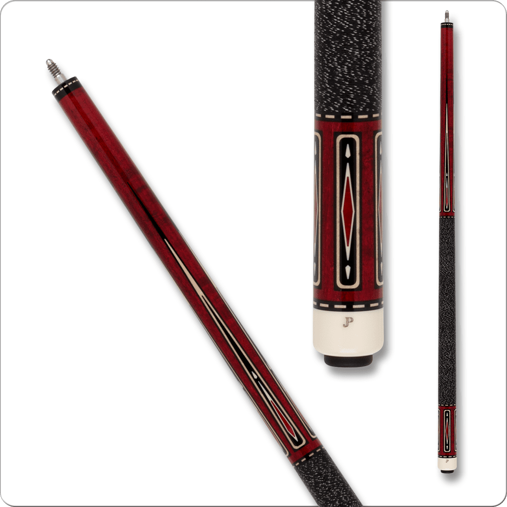 Pechauer JP2521 pool cue with red and black design and inlaid details.