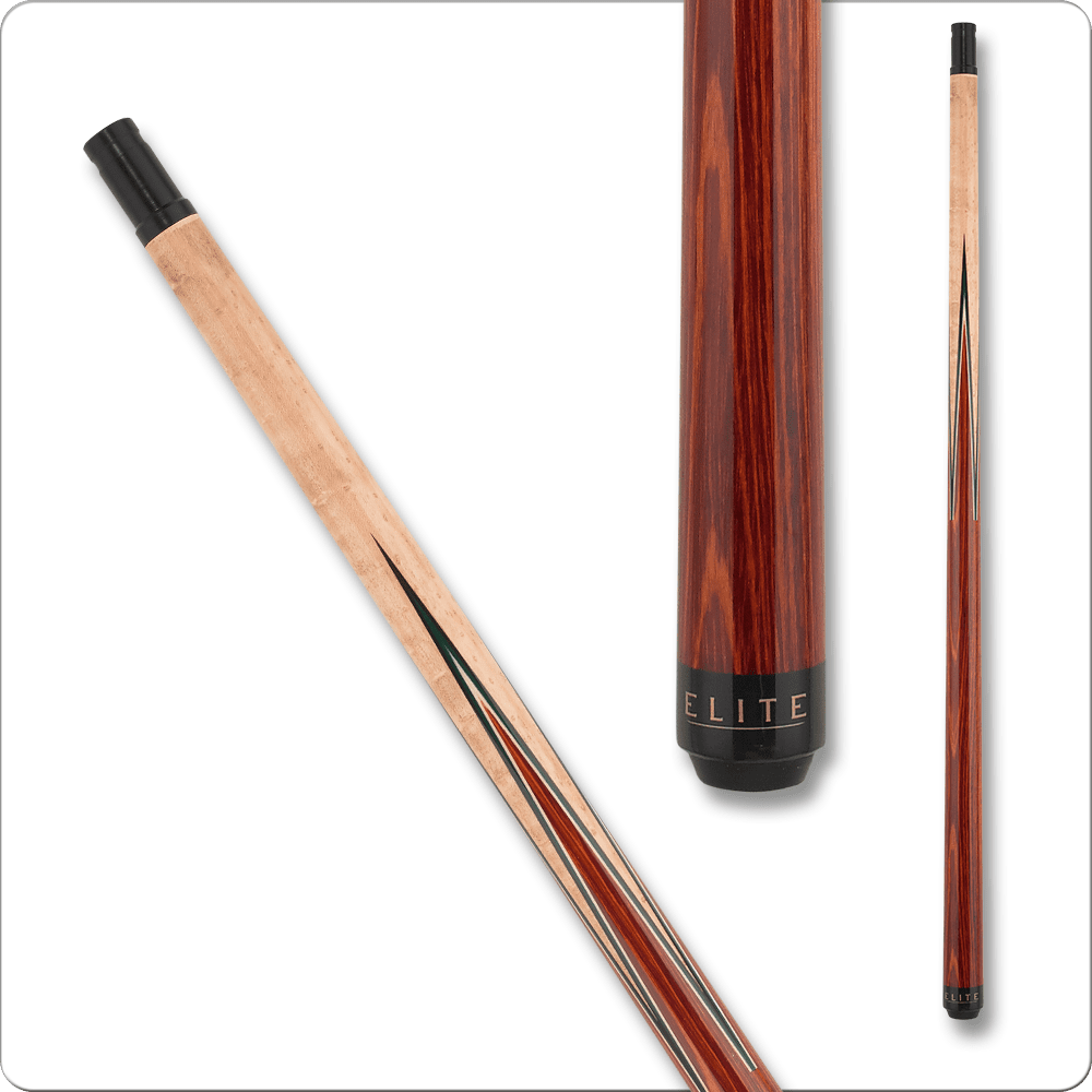 Elite EP34 cue featuring a sleek design with a wood finish and black accents, ideal for pool enthusiasts.