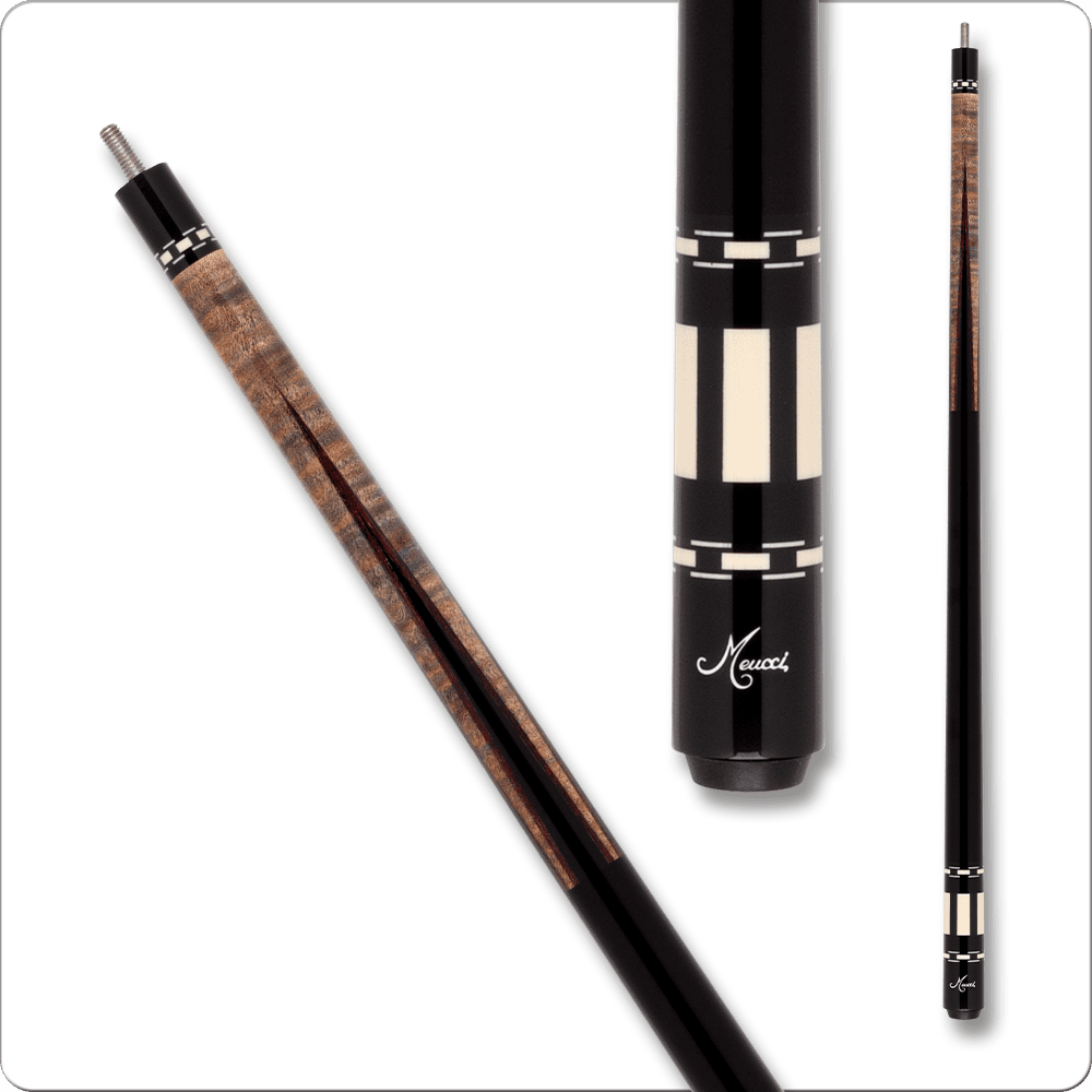 Meucci MEHOF01 Hall of Fame pool cue featuring a sleek black design with intricate inlays and Meucci logo, highlighting quality craftsmanship for serious players.