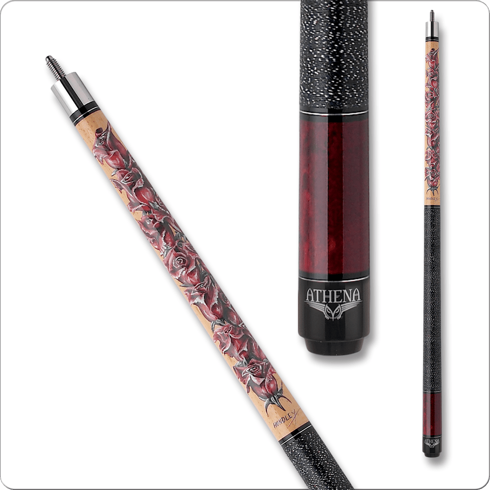 Athena ATH11 cue showcasing intricate rose design and glossy red accents, highlighting quality craftsmanship for pool enthusiasts.