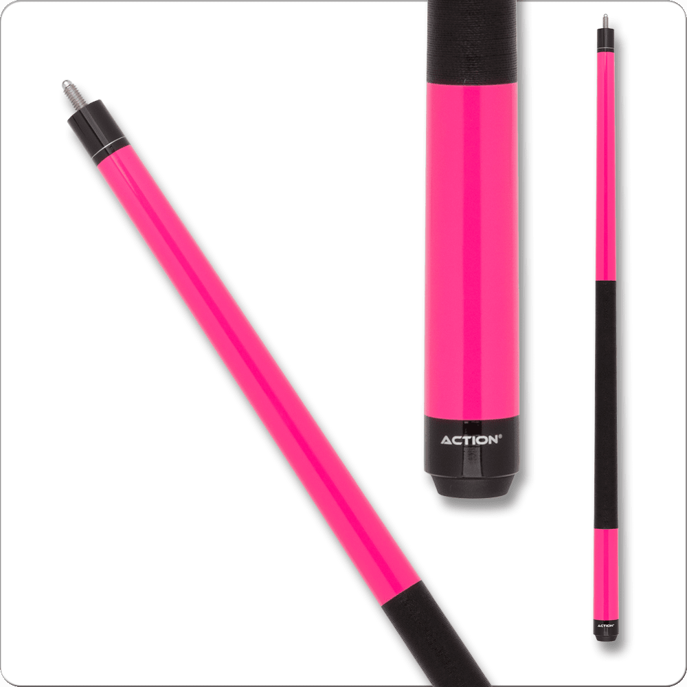 Pink Jacoby pool cue with black accents and Action logo.