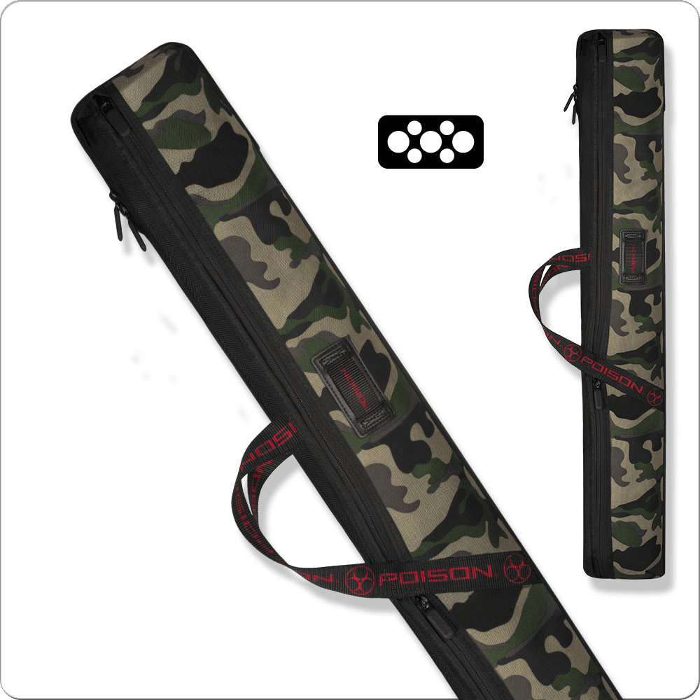 Camo Poison 3×4 Armor Hard Case with red logo and strap, designed for cue storage, featured in out-of-stock sale context.