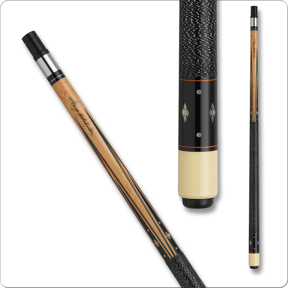 Balabushka GB08 pool cue with decorative inlays and a white butt cap