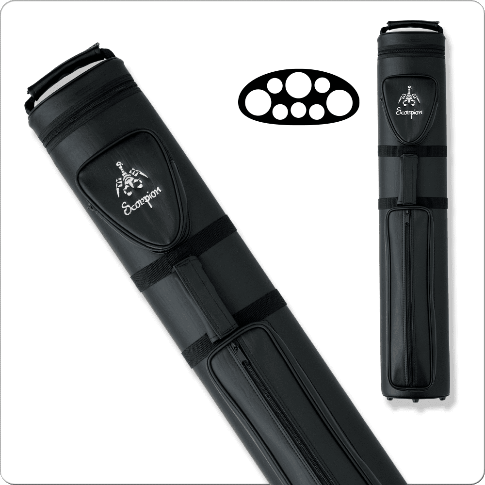 Scorpion 3×5 Hard Cue Case SC35 in black, designed for maximum protection with rigid construction and plush interior lining, showcasing logo and secure closures for cue storage.