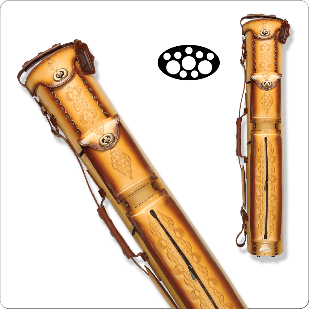 Instroke 3x7 leather pool cue case with tooling details and carrying strap