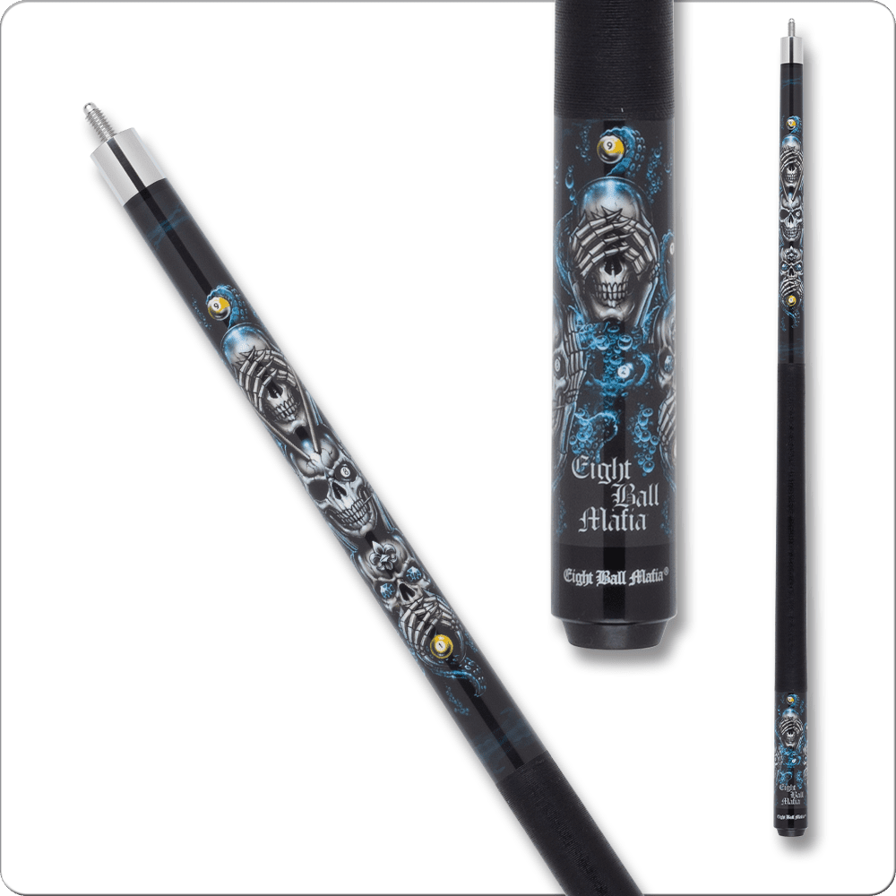 Eight Ball Mafia EBM20 cue featuring intricate skull and design artwork, ideal for league players seeking performance and style.