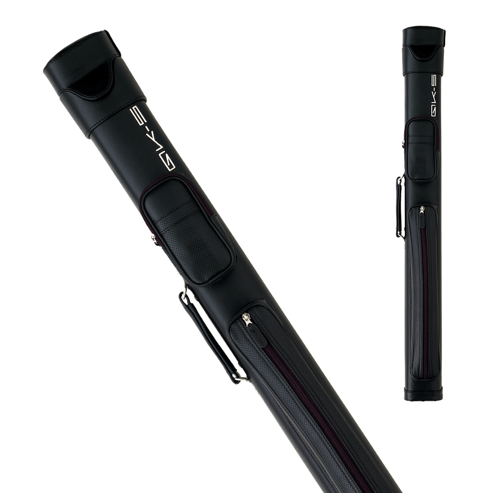 Protective black cue case with rigid construction, designed for transporting two butts and two shafts, featuring secure closures and plush interior lining.