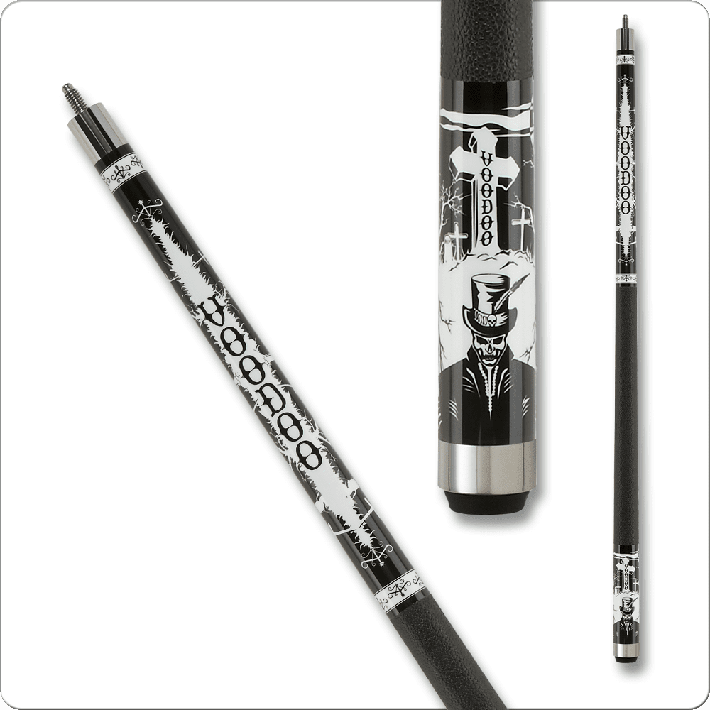 Voodoo VOD35 pool cue with Louisiana gothic design and black wrap.