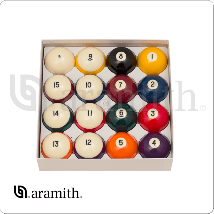 Aramith billiard ball set with numbered balls in a box