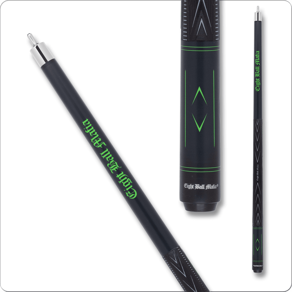 Eight Ball Mafia EBMBK02 break cue featuring a sleek black design with green accents and geometric patterns, highlighting its professional billiards appeal.