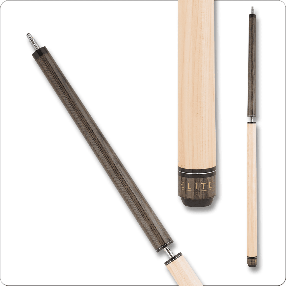 Elite ELBJGY Break/Jump Cue with a sleek design featuring a light wood shaft and a dark wood handle, showcasing the "ELITE" logo, relevant to billiard enthusiasts.