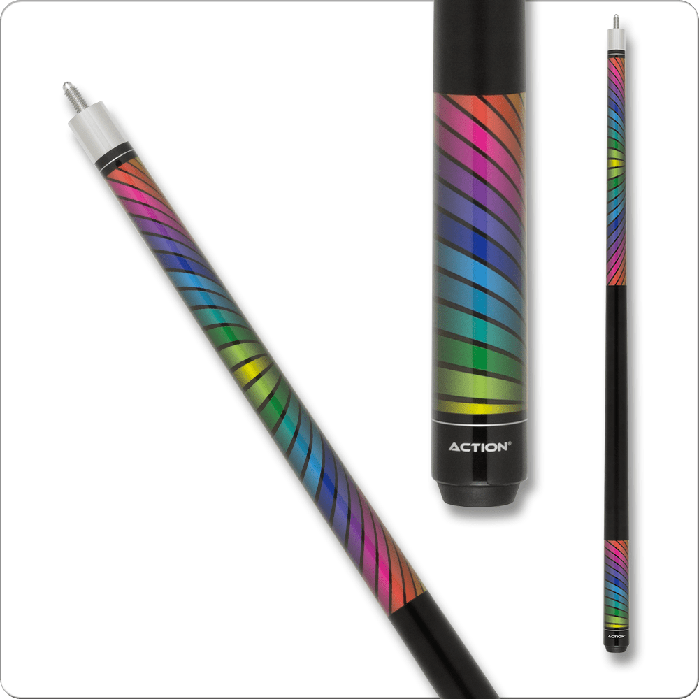 Poison Candy pool cue with pink and light blue design, carbon fiber shaft, and Action logo.