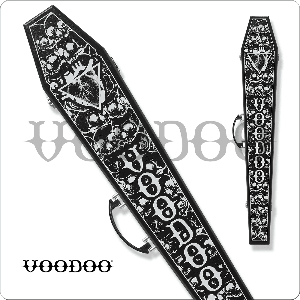 Voodoo 1×1 Coffin Box Cue Case featuring intricate skull and graphic designs, designed for maximum protection of pool cues, relevant to the Action brand's product offerings.
