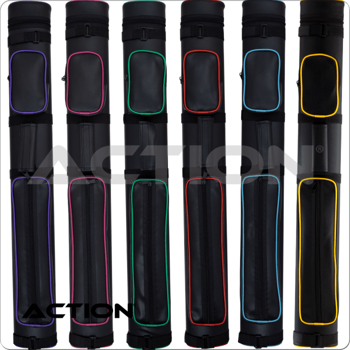 Action 2x2 piping hard case in green, and other colors, pool cue case display.