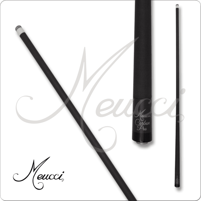 Meucci MECF2 carbon fiber pro pool cue shaft, black finish and logo detail.