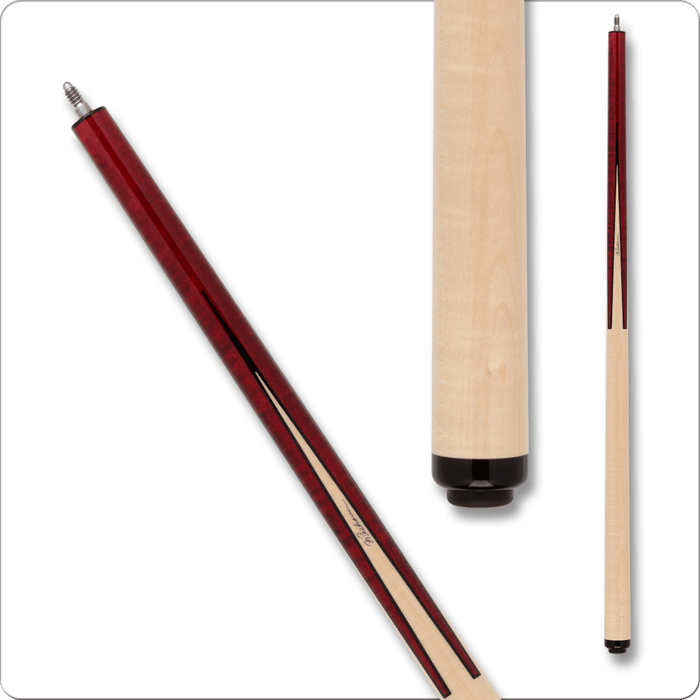 Pechauer JP25R02 Pro Series cue, handcrafted pool cue with red and natural wood accents.