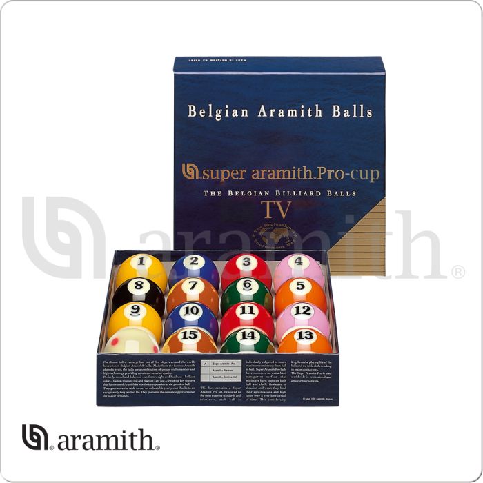 Aramith Super TV Pro Cup Belgian billiard ball set in box.