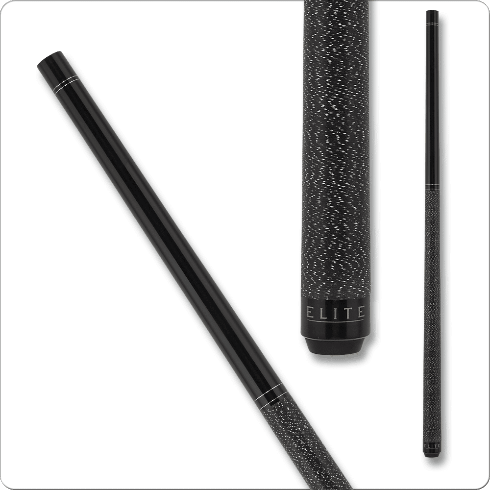 Elite ELBKLGT Light Break Cue featuring a textured black finish, prominent logo, and sleek design, showcasing craftsmanship ideal for billiards enthusiasts.