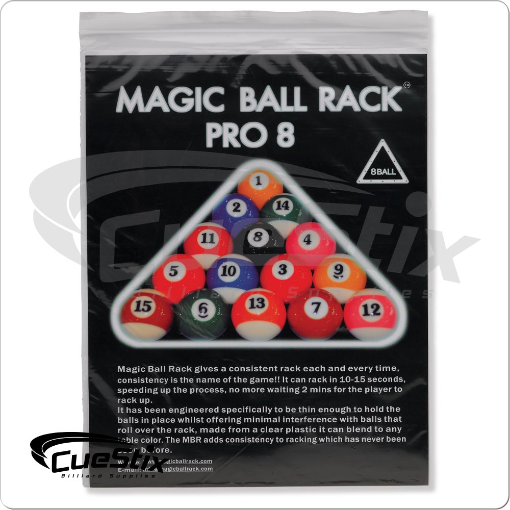 Magic Ball Rack Pro 8 with billiard balls and chalk.