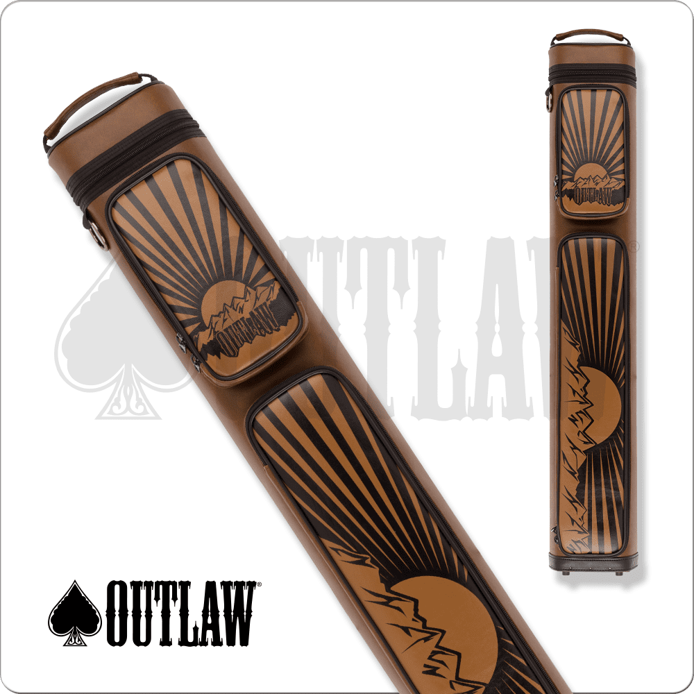 Outlaw OLB35L pool cue case with Western sunset graphic and branding.