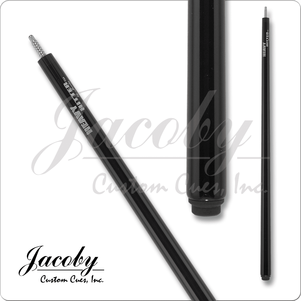 Jacoby JCBBKH Break Cue featuring a sleek black design, showcasing the brand logo and a detailed view of the cue's tip and joint area.