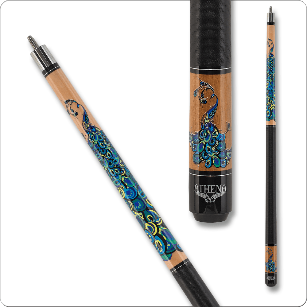 Athena ATH47 pool cue featuring a peacock design, optimized for women players, showcasing artistic details and quality craftsmanship.