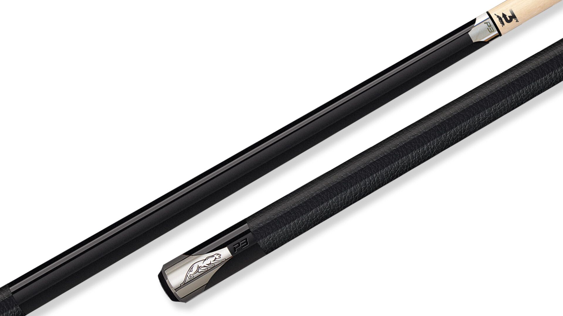 Predator P3 pool cue with black leather luxe wrap and silver accents.