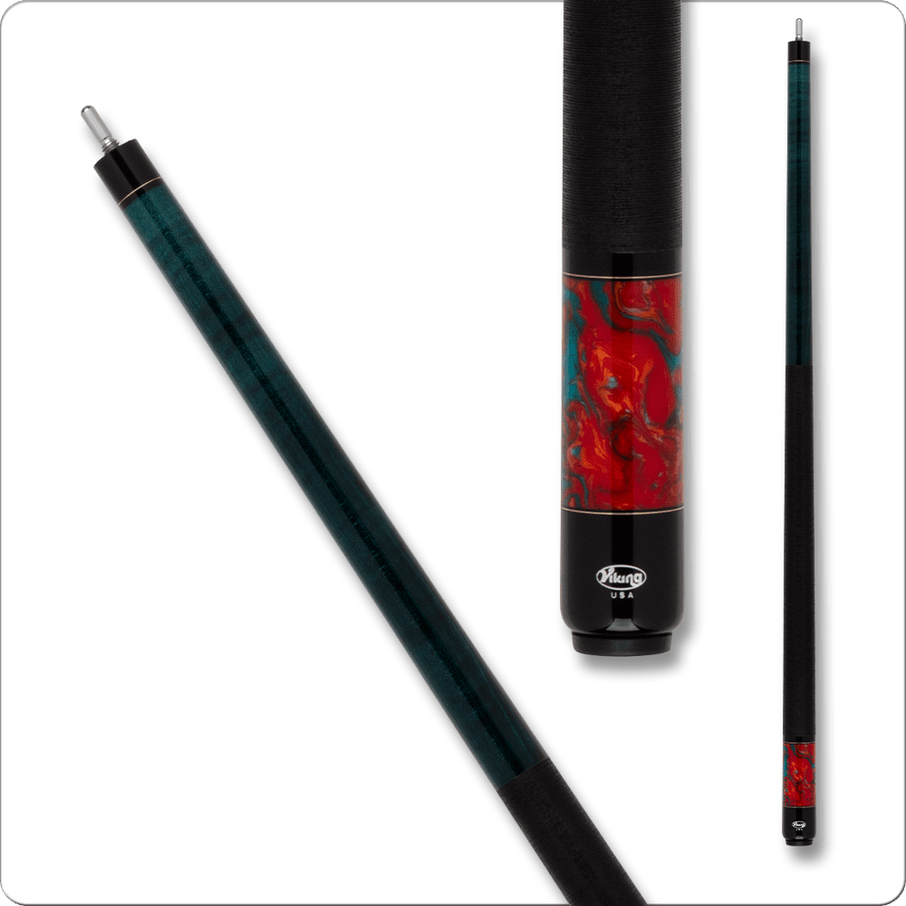 Viking VIKB0108 Bedlam Series cue with red and green graphics and black shaft.